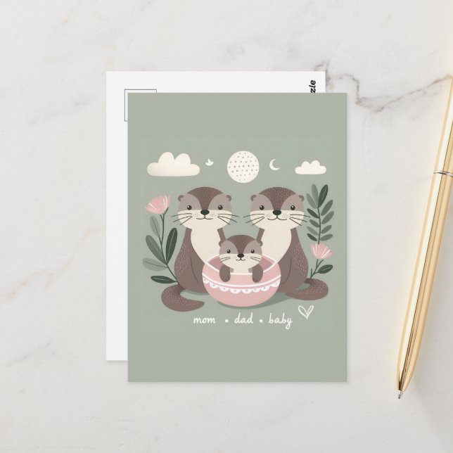 Adorable Otter Boho Mom Dad and Baby Postcard (Front/Back In Situ)