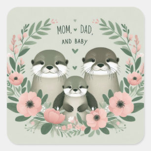 Adorable Otter Boho Mom Dad and Baby Square Sticker