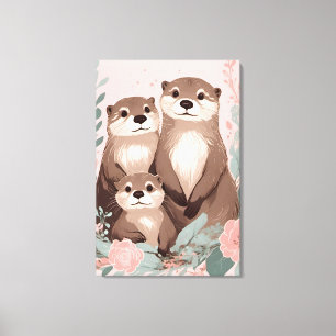 Adorable Otter Boho Pink Rose Mom Dad and Baby Canvas Print