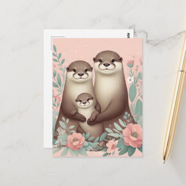 Adorable Otter Boho Pink Rose Mom Dad and Baby Postcard (Front/Back In Situ)