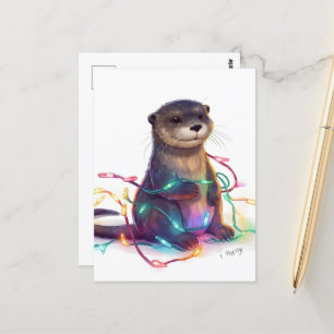 Adorable Otter Christmas Lights AI Postcard