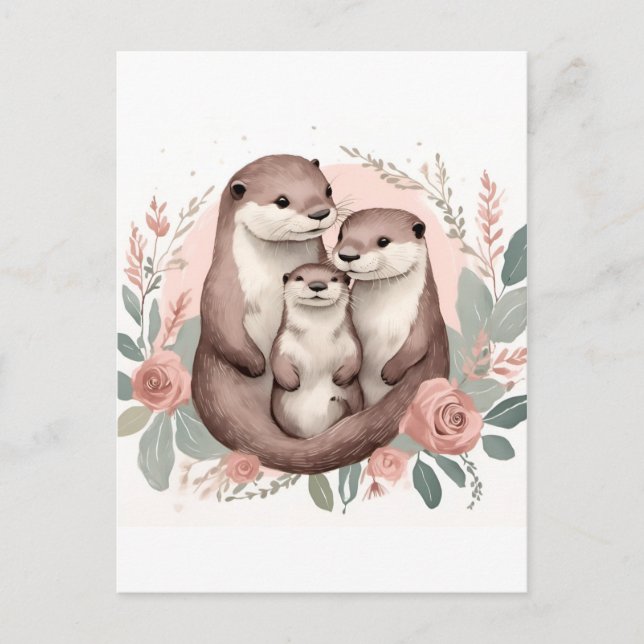 Adorable Otter Family  Sage and Dusty Rose Boho Postcard (Front)