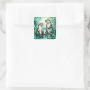 Adorable Otter Family With Baby Otter Square Sticker
