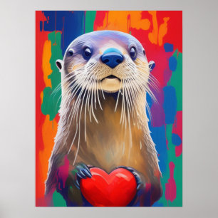 Adorable Otter Holding Red Heart Valentine's Day Poster