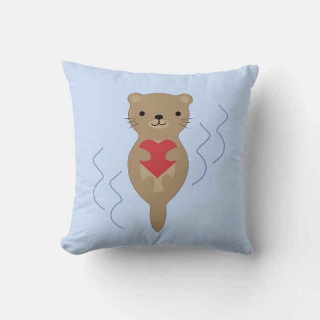 Adorable Otter Hugging a Heart Throw Pillow (Front)