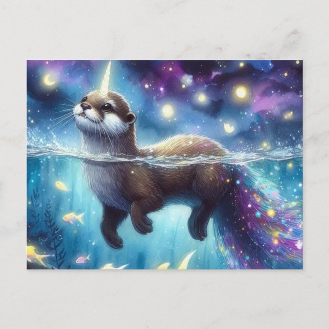 Adorable Otter Unicorn Watercolor Postcard (Front)