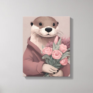 Adorable Otter With Flowers Canvas Print