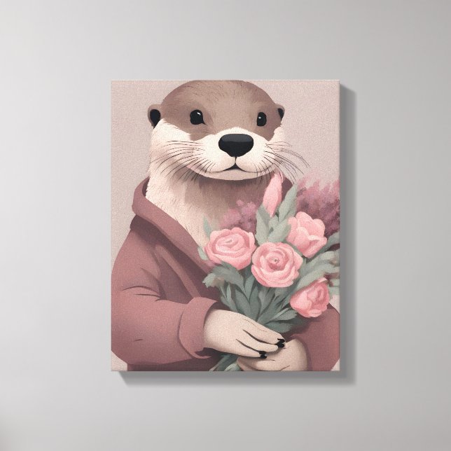 Adorable Otter With Flowers Canvas Print (Front)