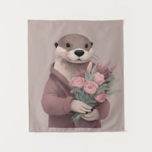 Adorable Otter With Flowers Tapestry
