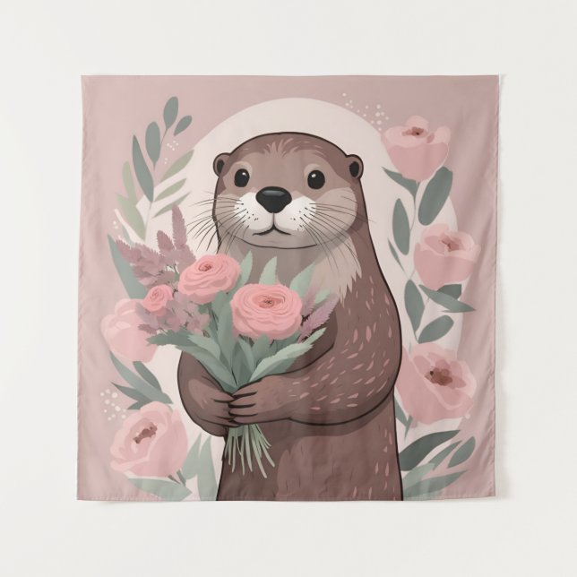 Adorable Otter With Flowers Tapestry (Front)