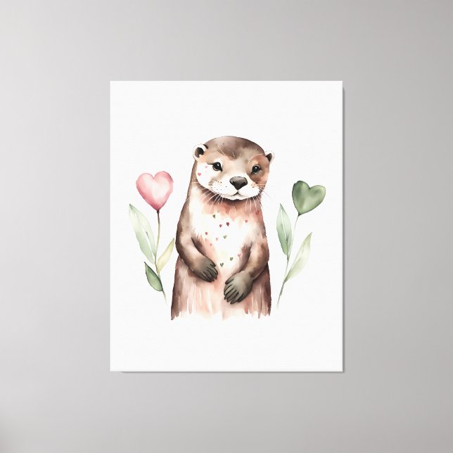 Adorable Otter With Heart Plants Canvas Print (Front)