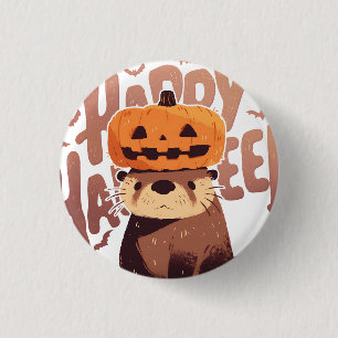 Adorable Otter with Pumpkin Hat – Happy Halloween 1 Inch Round Button