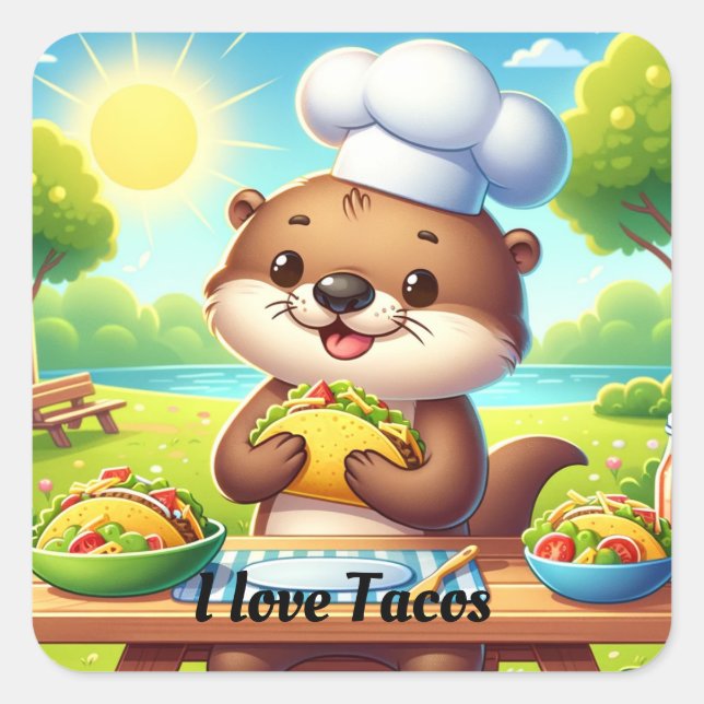Adorable Otter With Tacos Square Sticker (Front)