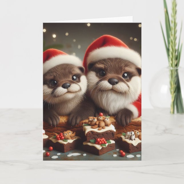 Adorable Otters with Christmas Brownies Card (Front)