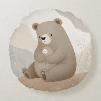 Adorable Ours Brun à la Marguerite - Aquarelle Round Pillow
