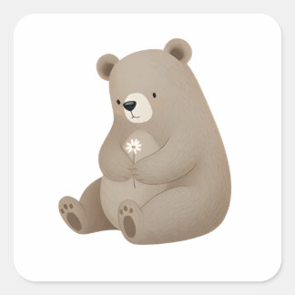 Adorable Ours Brun à la Marguerite – Illustration  Square Sticker