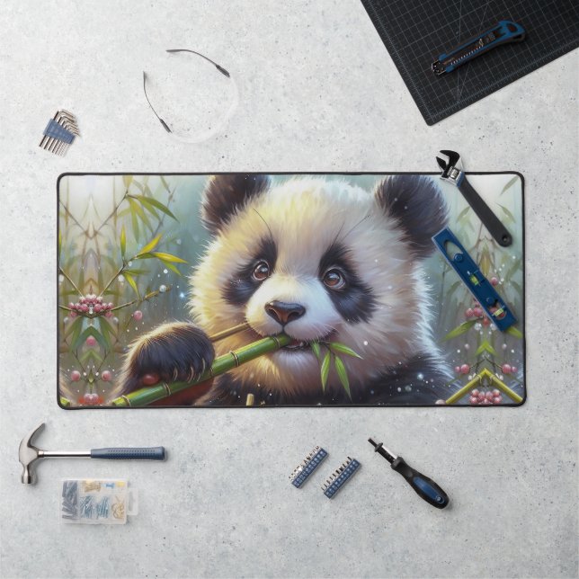 Adorable Ours De Panda Mangeant Bambou (Poste de travail)