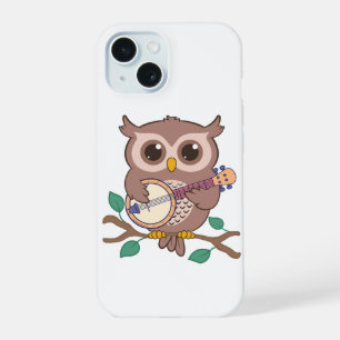 Adorable Owl Bird Playing Banjo Cartoon iPhone 15 Case