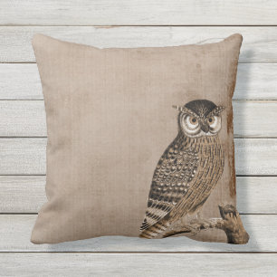 Adorable Owl on Tree Branch Outdoor Pillow