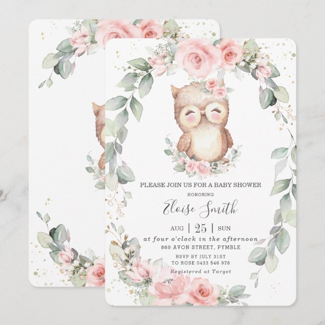 Adorable Owl Pink Floral Greenery Baby Shower  Invitation (Front/Back)