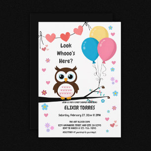 Adorable Owl with Balloons & Hearts Baby Shower Invitation
