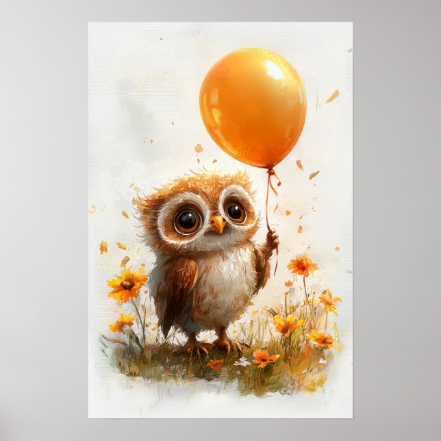 Adorable Owl with Orange Balloon - Whimsical Autum Poster (Front)
