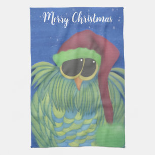 Adorable Owl with Santa Hat  Kitchen Towel
