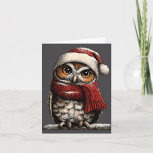 Adorable Owl With Santa Hat Snowy Winter Christmas Card