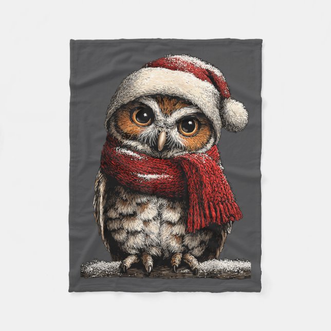 Adorable Owl With Santa Hat Snowy Winter Christmas Fleece Blanket (Front)
