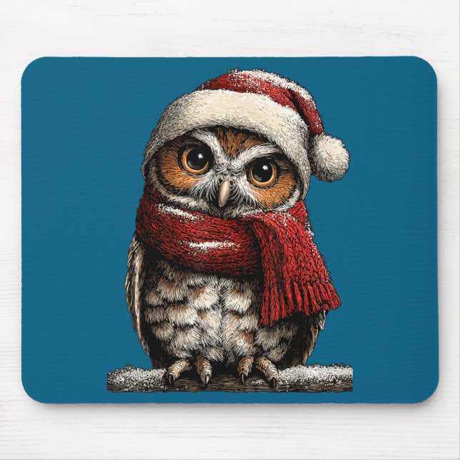 Adorable Owl With Santa Hat Snowy Winter Christmas Mouse Pad (Front)