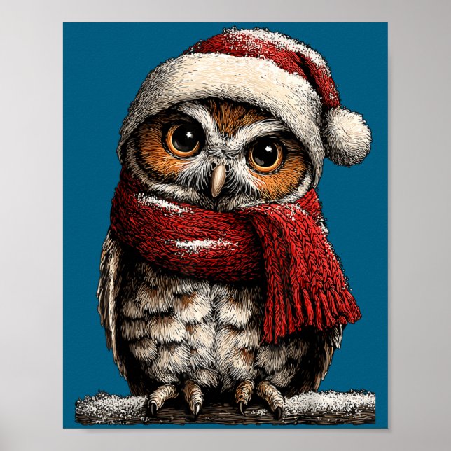 Adorable Owl With Santa Hat Snowy Winter Christmas Poster (Front)