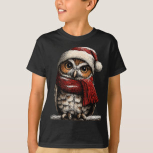 Adorable Owl With Santa Hat Snowy Winter Christmas T-Shirt