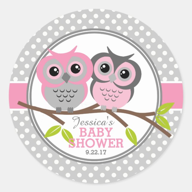 Adorable Owls Baby Shower Classic Round Sticker (Front)