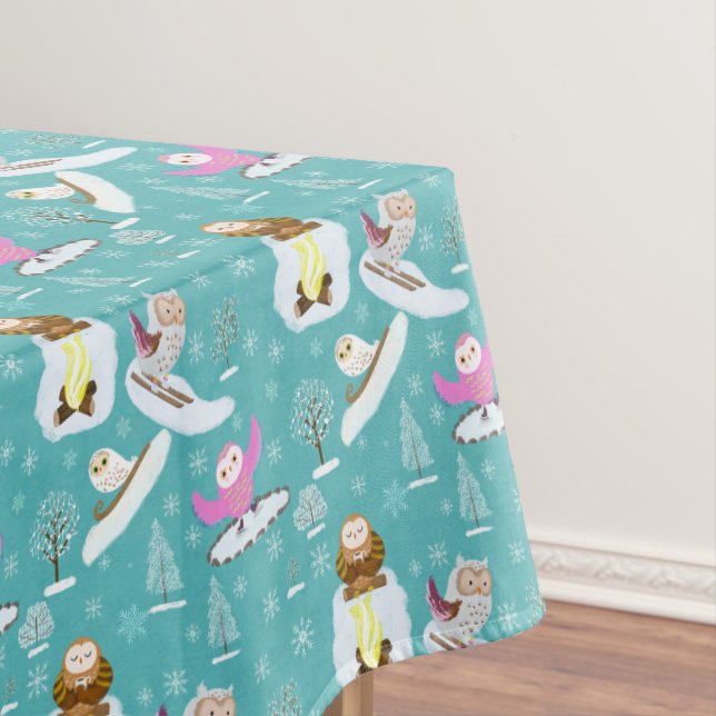 Adorable Owls Enjoying A Winter Day  Tablecloth (In Situ)