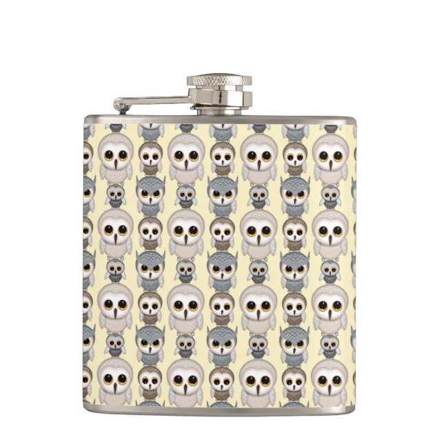 Adorable Owls Pattern on Light Yellow Background Hip Flask (Front)