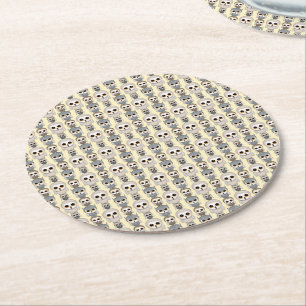 Adorable Owls Pattern on Light Yellow Background Round Paper Coaster