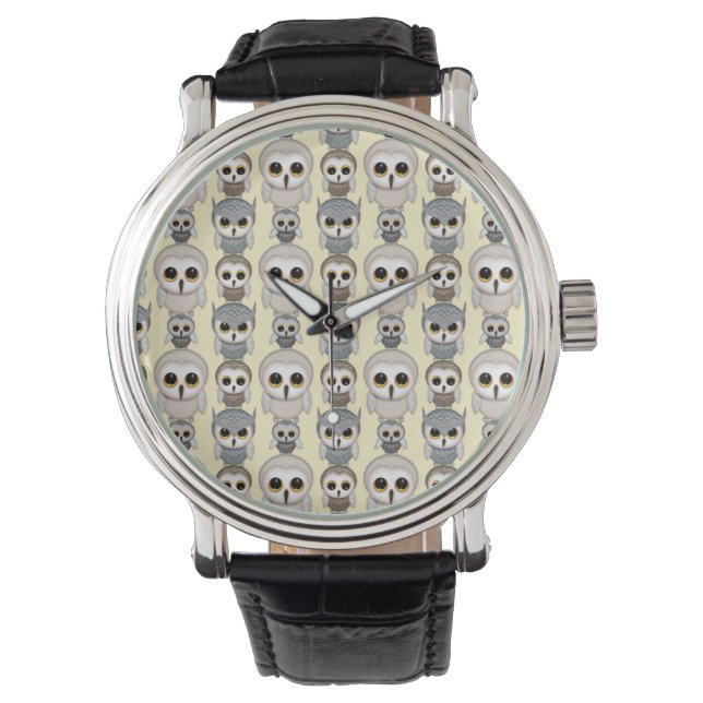 Adorable Owls Pattern on Light Yellow Background Watch (Front)