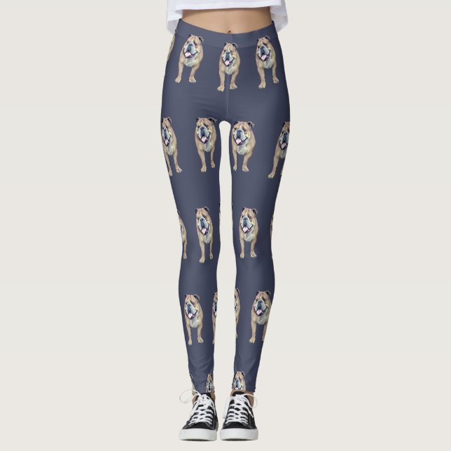 Adorable Painted Blue Bulldog Leggings (Front)