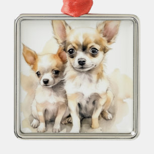 ADORABLE PAIR OF CHIHUAHUA PUPPY DOGS METAL ORNAMENT