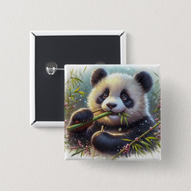 Adorable Panda Bear Eating Bamboo 2 Inch Square Button (Front & Back)