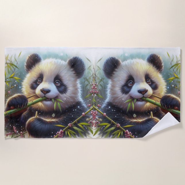 Adorable Panda Bear Eating Bamboo Beach Towel (Front)