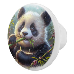 Adorable Panda Bear Eating Bamboo Ceramic Knob