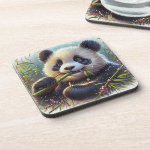 Adorable Panda Bear Eating Bamboo Coaster