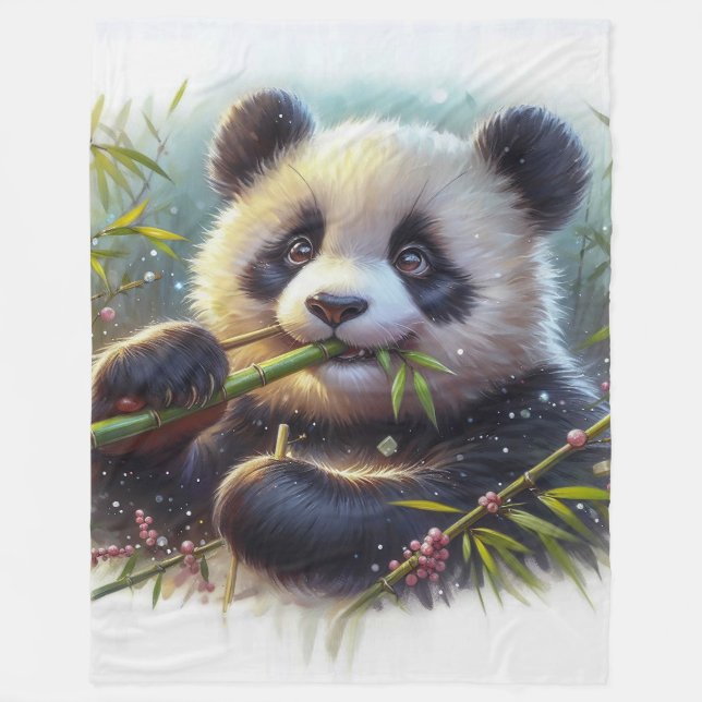 Adorable Panda Bear Eating Bamboo Fleece Blanket (Front)