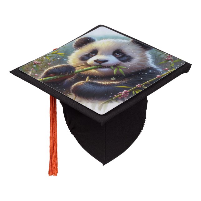 Adorable Panda Bear Eating Bamboo Graduation Cap Topper (Angled)