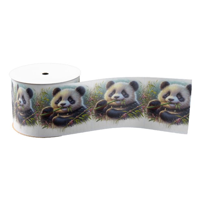 Adorable Panda Bear Eating Bamboo Grosgrain Ribbon (Spool)