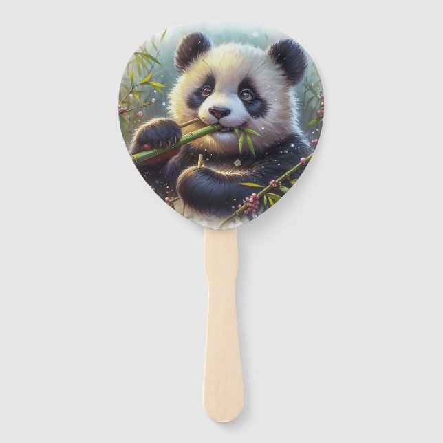 Adorable Panda Bear Eating Bamboo Hand Fan (Front)