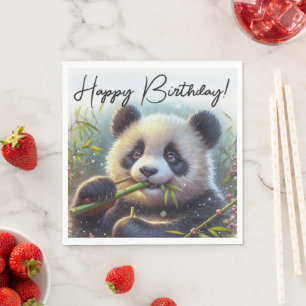 Adorable Panda Bear Eating Bamboo Happy Birthday Napkin
