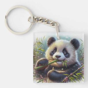 Adorable Panda Bear Eating Bamboo Keychain
