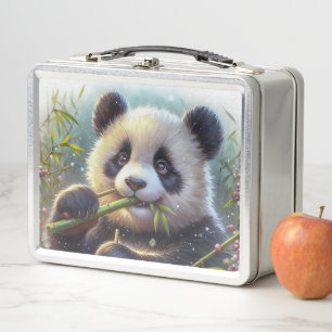 Adorable Panda Bear Eating Bamboo Metal Lunch Box